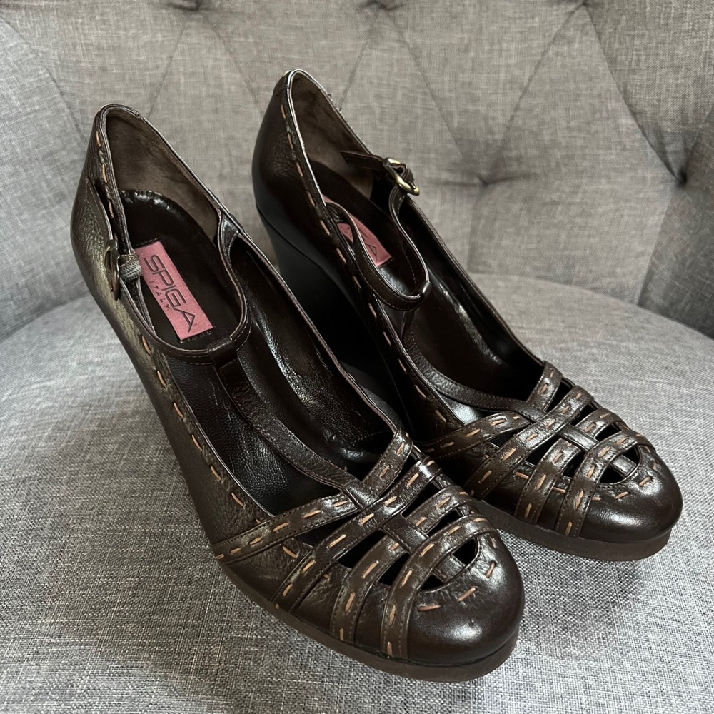 Y2K Vintage Via Spiga Strappy Wedges Leather Dark Brown Italy Womens Shoe Size 8